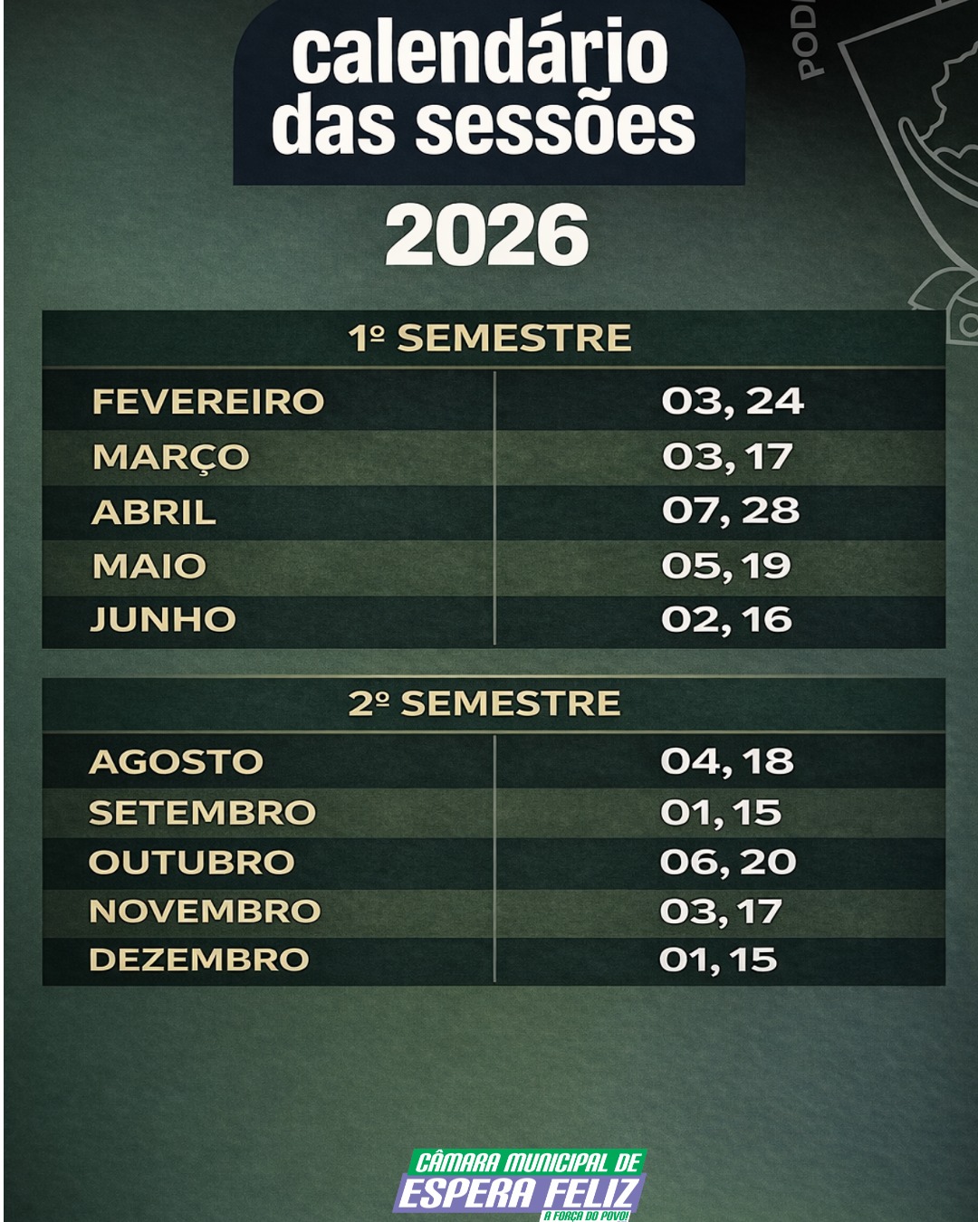 Calendário das Sessões 2026